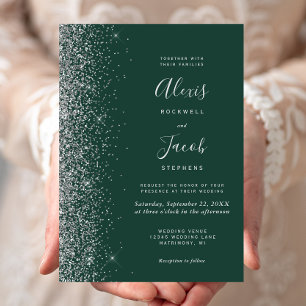 Modern Emerald Green Silver Faux Glitter Wedding Invitation