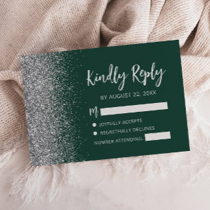 Modern Emerald Green Silver Glitter Edge Script RSVP Card