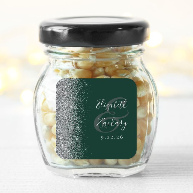 Modern Emerald Green Silver Glitter Edge Wedding Square Sticker (Creator Uploaded)