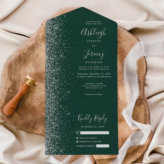Modern Emerald Green Silver Glitter Wedding All In One Invitation (Creator Uploaded)