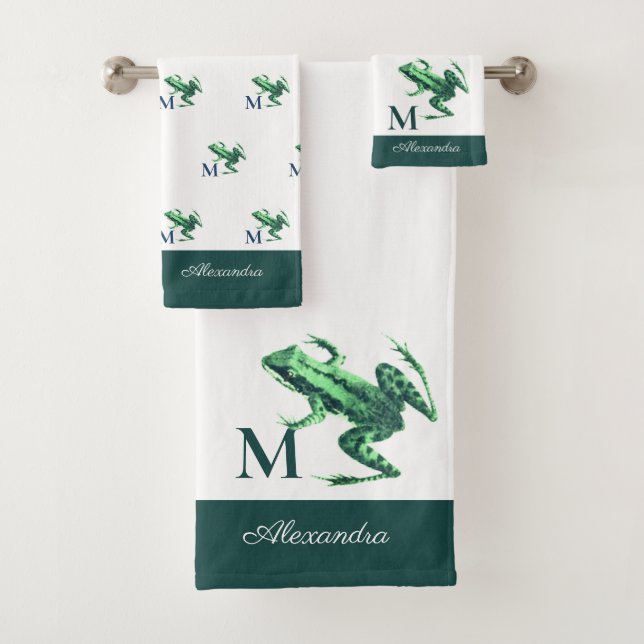 Modern Emerald Green Tree Frog Monogram Name Bath Towel Set (Insitu)