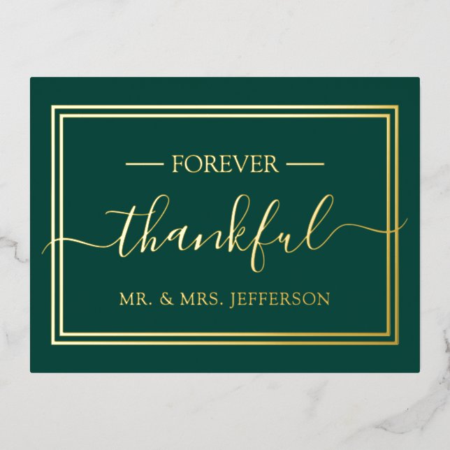 Modern Emerald Green Wedding Mr. & Mrs. Thank You Foil Invitation Postcard (Front)