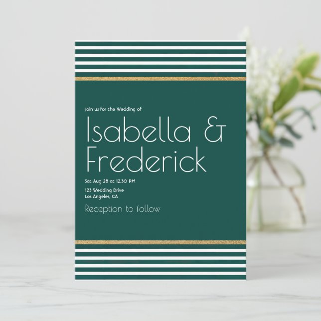 Modern Emerald Green, White and Gold Wedding Invitation (Standing Front)
