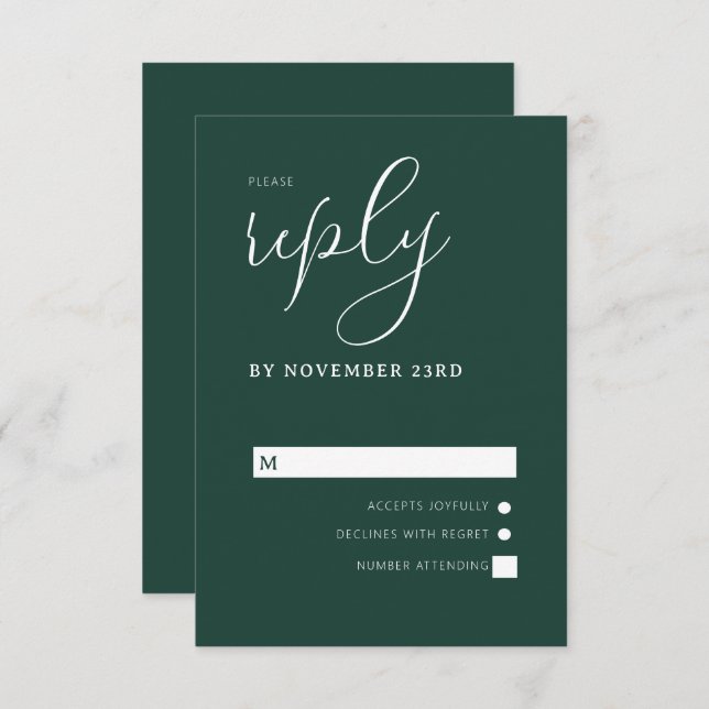 Modern Emerald Green & White Simple Wedding RSVP Card (Front/Back)