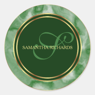 Modern Emerald Marble And Gold Monogram Classic Round Sticker