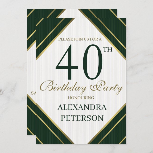 Modern Emerald White And Gold Stripes Birthday Invitation (Front/Back)