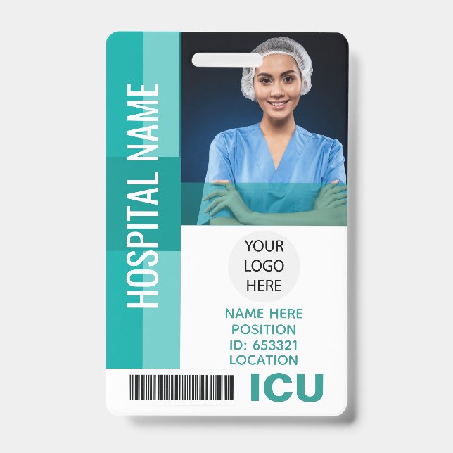 Modern Employee Photo, Bar Code, Logo ICU ID Badge (Front)