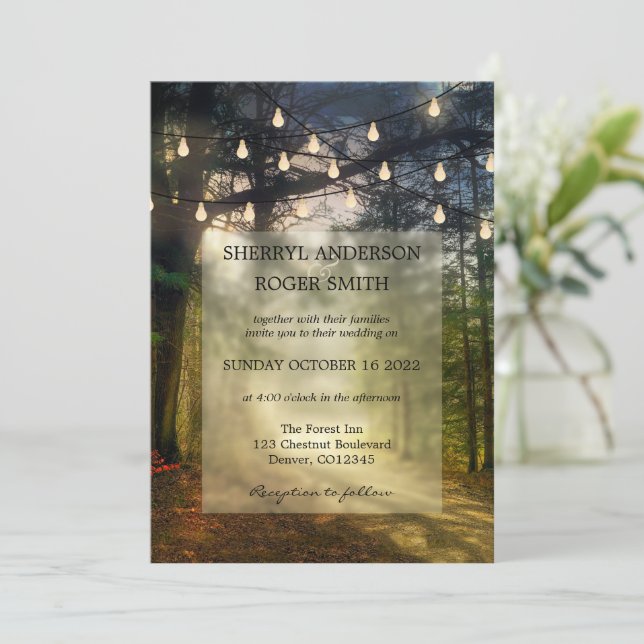 Modern Enchanted Forest String Lights Wedding Invitation (Standing Front)