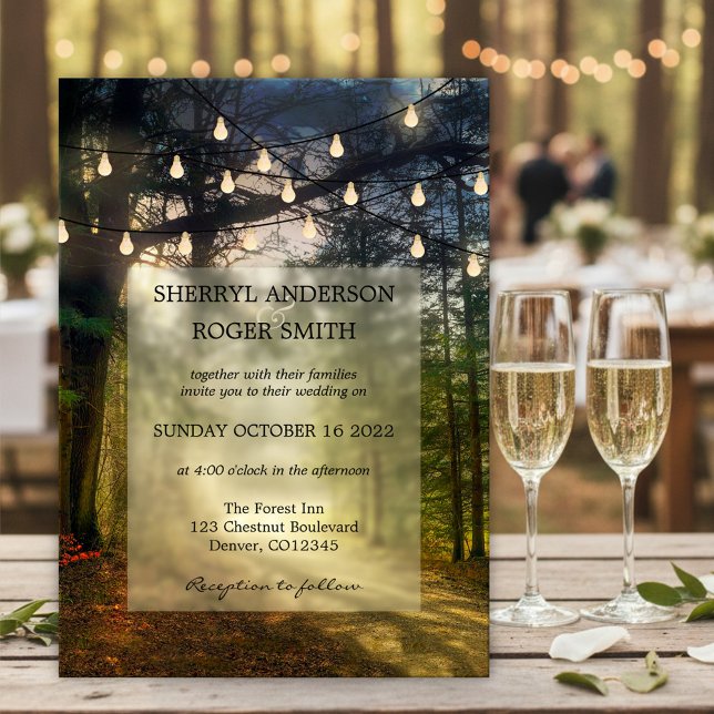 Modern Enchanted Forest String Lights Wedding Invitation (Elegant wedding invitation featuring a path in an enchanted forest with festive string lights.)