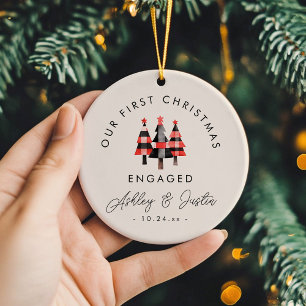 Modern Engagement First Christmas Cosy Plaid  Ceramic Tree Decoration