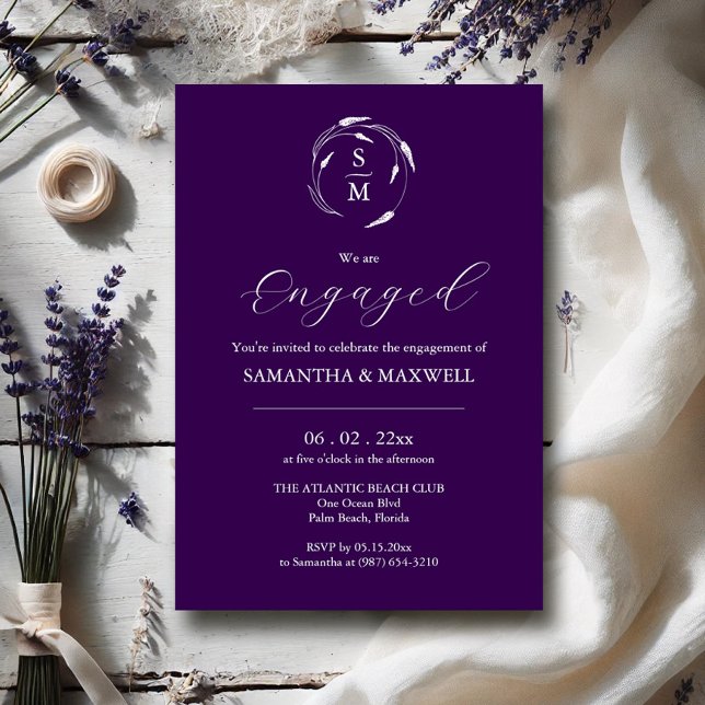 Modern Engagement Invitation Designs Dark Purple (Engagement party invitation dark purple wedding theme lavender line art by Victoria Grigaliunas)