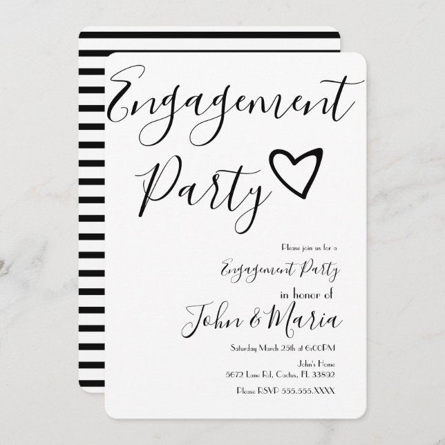Modern Engagement Party Black Stripes Heart Invitation (Front/Back)