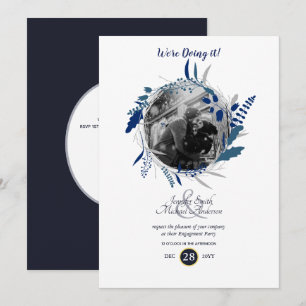 Modern Engagement Party PHOTO Blue Wreath Invitation