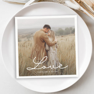 Modern Engagement Photo Calligraphy Love Napkin