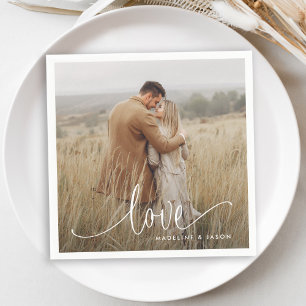 Modern Engagement Photo Calligraphy Love Napkin