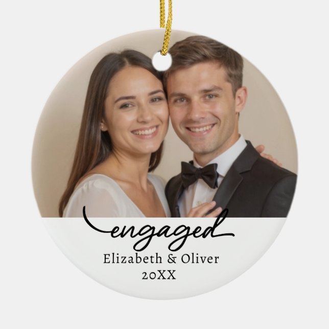Modern Engagement Script Custom Photo Name   Ceramic Tree Decoration (Front)