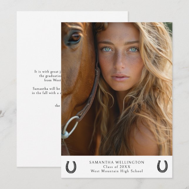 Modern Equestrian Horse Shoe Photo Graduation Announcement (Front/Back)