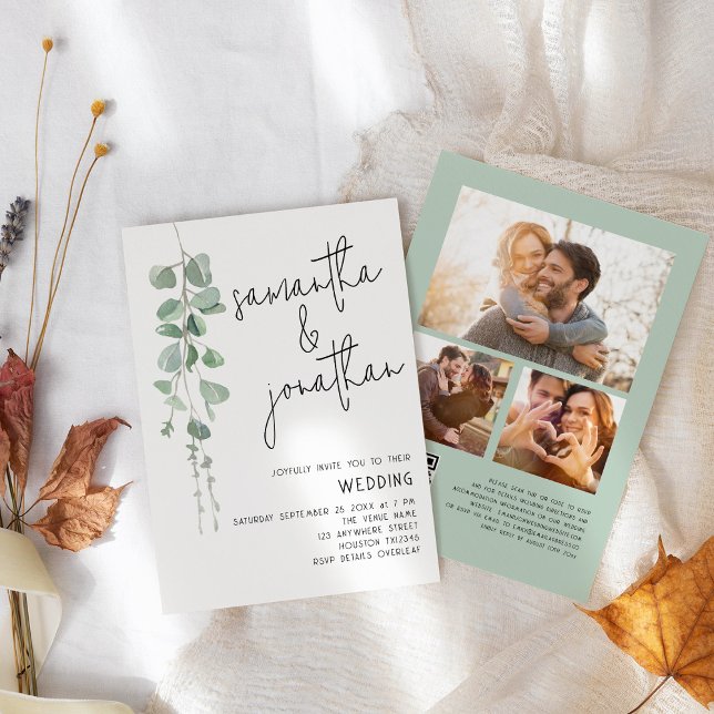 Modern Eucalyptus 3 Photos QR code Wedding Invitation (front and back view)