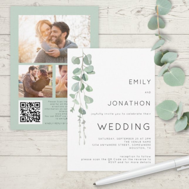 Modern Eucalyptus 3 Photos QR Code Wedding Invitation (Creator Uploaded)
