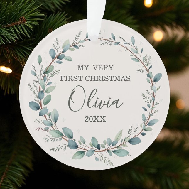 Modern Eucalyptus Baby First 1st Christmas  Ornament (Creator Uploaded)