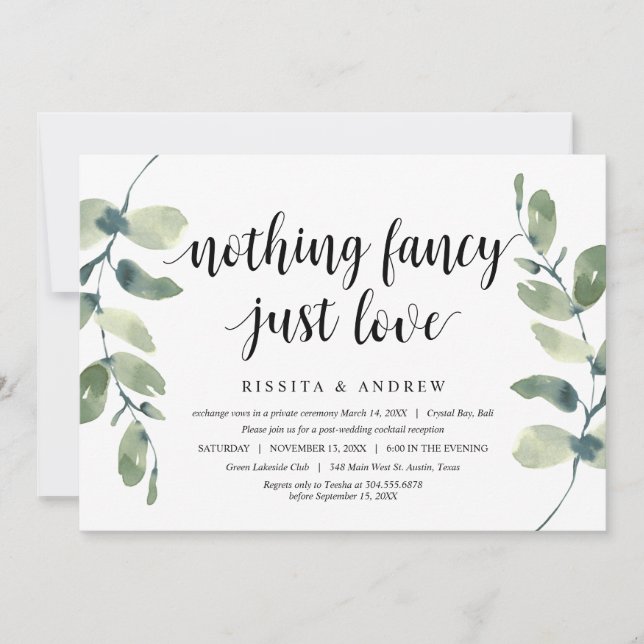Modern Eucalyptus,  Black Ink, Wedding Elopement Invitation (Front)