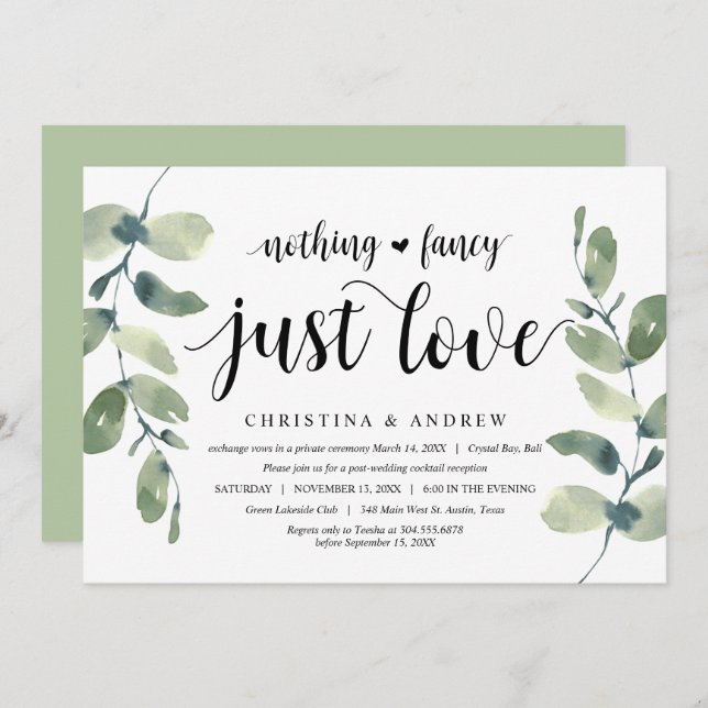 Modern Eucalyptus,  Black Ink, Wedding Elopement Invitation (Front/Back)