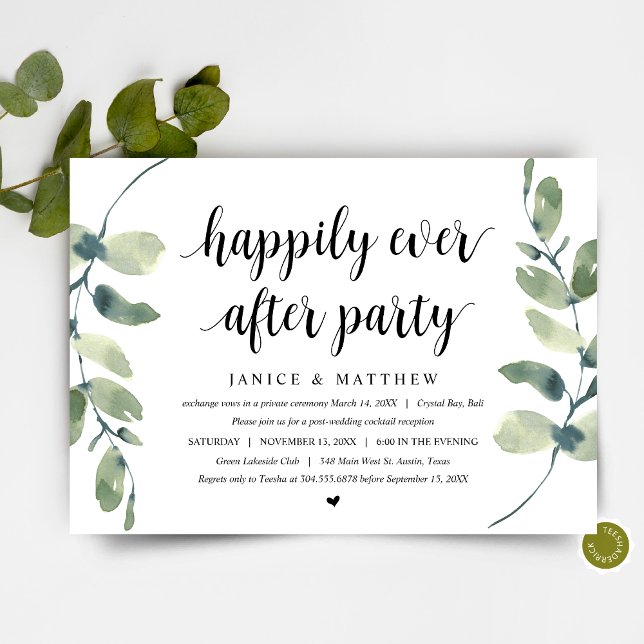 Modern Eucalyptus, Black, Wedding Elopement Party Invitation (Wedding Elopement Party,  Dinner and Dancing Invitation Card, in Modern Eucalyptus Greenery themed)