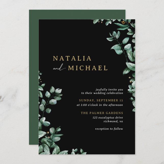 Modern Eucalyptus Botanical | Black Moody Wedding Invitation (Front/Back)