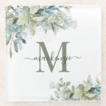Modern Eucalyptus Botanical Floral Monogram Glass Coaster<br><div class="desc">Elegant Eucalyptus Botanical Floral Monogram Glass Coasters featuring our lovely sage eucalyptus green and dusty blue greenery and modern typography. Easy to customise with your information for a simply elegant coaster set. Please contact us at cedarandstring@gmail.com if you need assistance with the design or matching products.</div>
