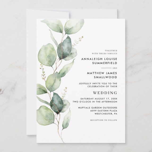Modern Eucalyptus Botanical Greenery Wedding Invitation (Front)