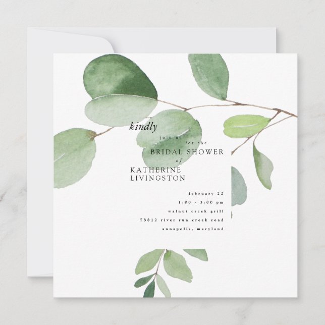 Modern Eucalyptus Bridal Shower Square Invitation (Front)