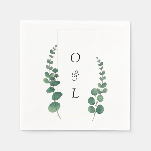 Modern Eucalyptus Calligraphy Monogram Wedding  Napkin (Front)
