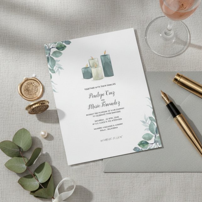 Modern Eucalyptus & Candle Wedding Invitation  (Creator Uploaded)