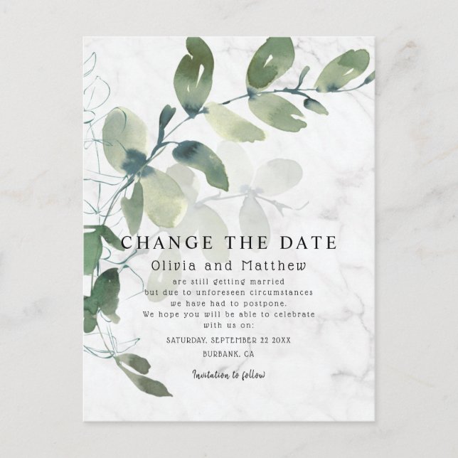 Modern Eucalyptus Change the Date Announcement Postcard (Front)