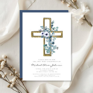 Modern Eucalyptus Cross Religious First Communion  Invitation