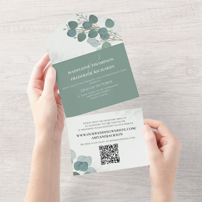 Modern Eucalyptus Elegant Rustic Foliage QR Code All In One Invitation (Tearaway)