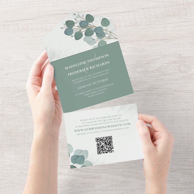 Modern Eucalyptus Elegant Rustic Foliage QR Code All In One Invitation (Tearaway)