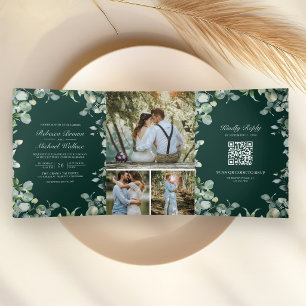 Modern Eucalyptus Emerald Green QR Code Wedding Tri-Fold Invitation