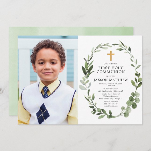 Modern Eucalyptus first communion photo Invitation (Front/Back)