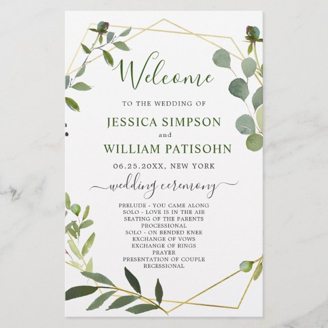 Modern Eucalyptus Floral Wedding Ceremony Program (Front)