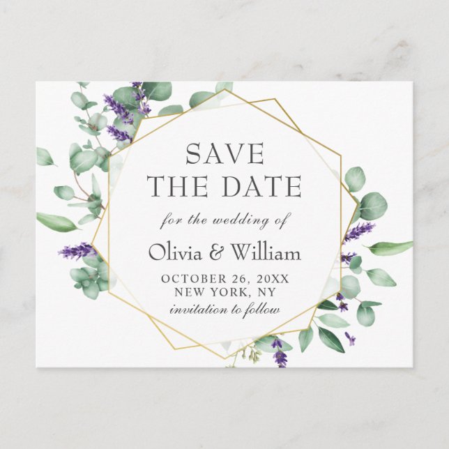 Modern Eucalyptus Floral Wedding Save the Date Postcard (Front)