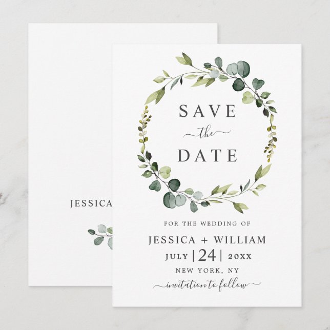 Modern Eucalyptus Floral Wreath Frame Wedding Save The Date (Front/Back)