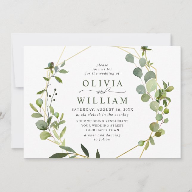 Modern Eucalyptus Foliage Geometric Frame Wedding Invitation (Front)