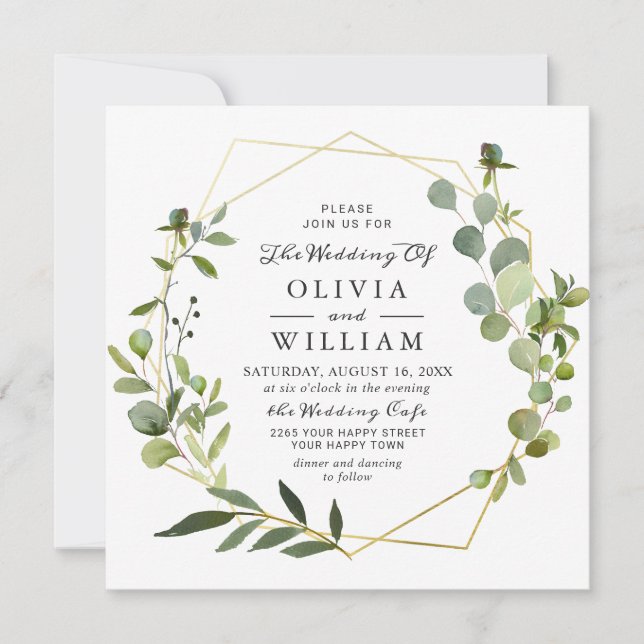 Modern Eucalyptus Foliage Geometric Frame Wedding Invitation (Front)