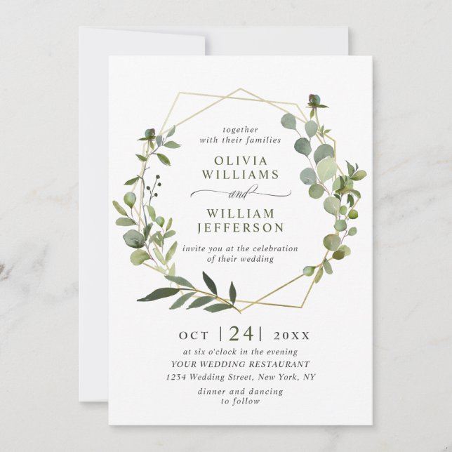 Modern Eucalyptus Foliage Geometric Frame Wedding Invitation (Front)