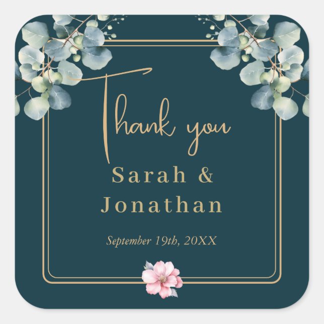 Modern Eucalyptus Foliage Thank You Favours Weddin Square Sticker (Front)