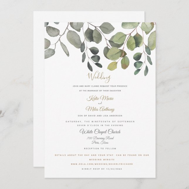 Modern Eucalyptus Foliage Website Wedding White  Invitation (Front/Back)