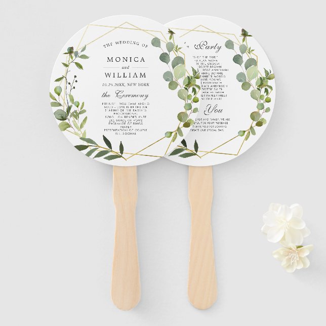 Modern Eucalyptus Foliage Wedding Program Hand Fan (Front and Back)