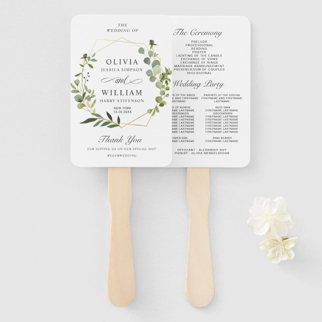Modern Eucalyptus Foliage Wedding Program Hand Fan (Front and Back)