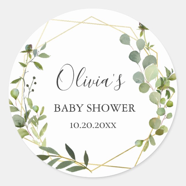 Modern Eucalyptus Geometric Frame Baby Shower Classic Round Sticker (Front)